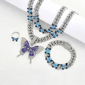 Bijoux Hip-hop Alliage Strass Papillon Pendentif Collier Chaîne Maillons Cubains Bracelet Bague Homme Femme Argent Bleu