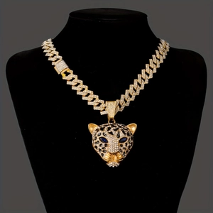 Collier cubain hip hop avec pendentif tête de léopard serti de cristaux plaqué or