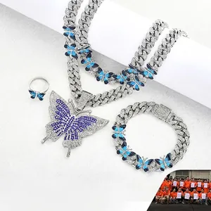Parure de Bijoux Hip Hop Pendentif Papillon Chaîne à Mailles Cubaines Alliage Strass pour Hommes Femmes Rappeurs Bijoux Mode
