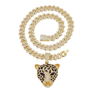 Collier cubain doré hip hop avec pendentif tête de léopard serti et yeux bleus