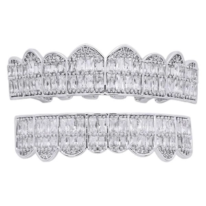 Hip hop grillz set with silver metal and eight rectangular white zircon stones