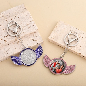 Portachiavi ali d'angelo con strass e inserto foto personalizzabile in blu e rosa