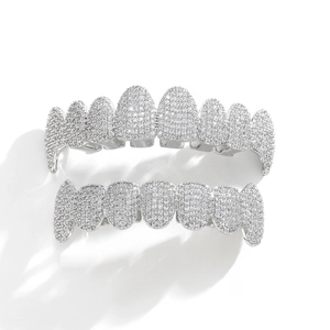 Hip hop style silver plated ice out zircon grills set for upper and lower teeth