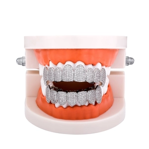 Iced out silver hip hop grillz set with zircon stones on teeth model for Christmas