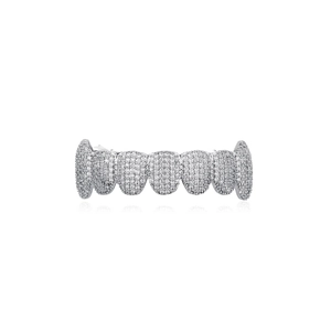 Close-up of iced out silver hip hop grillz with shimmering cubic zirconia inlay details