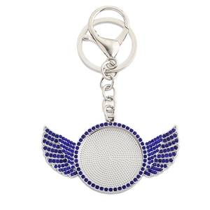 Portachiavi hip hop con ali argentate, strass blu e base rotonda per personalizzazione