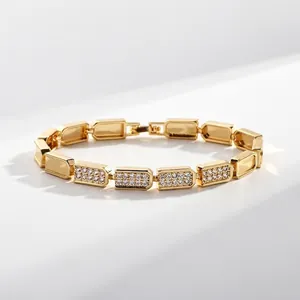 Luxury Hip Hop Copper Bracelet For Men Women Micro Paved Rhinestone Geometric Link Chain Bracelet Gold Silver Jewelry