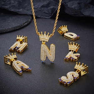 Hip Hop Iced Out Crown Initial Pendant Necklace Alloy Zirconia Blue Water Drop Letter Necklace For Men Women Street Jewelry