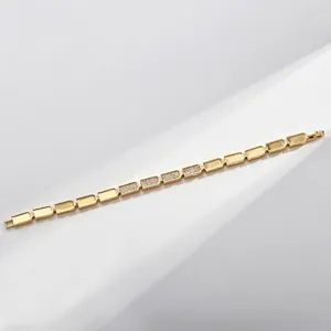 Luxury gold plated cuban link bracelet with sparkling zircon stones in rectangular chain