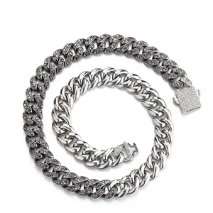 13mm tweekleurige hiphop Cuban link ketting met kristallen en een vierkante sluiting