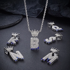 Silver crown letter pendant with blue crystal and rope chain for hip hop style