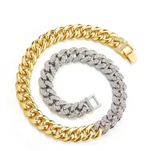Tweekleurige 13mm Cubaanse schakelkettingen in goud en zilver met volledige strass-inleg
