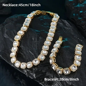 Hip-Hop Luxus Quadrat Strass Panzerkette Halskette Armband Set Legierung Strass Besetzt Gold Silber Schmuck Für Damen Herren