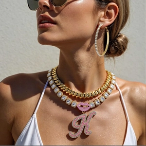 Hiphop Icy Rhinestone Lip Initial Letter Pendant Zinc Alloy Jewelry Set Gold Silver Cuban Tennis Chain For Women