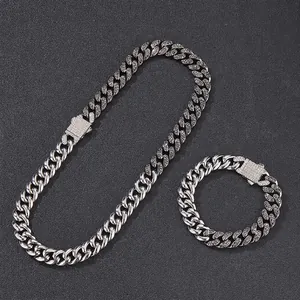 Hip-hop 13mm tweekleurige Cubaanse ketting en armband set met sprankelende diamanten