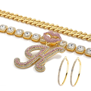 Icy hip hop jewelry set with gold Cuban chain, crystal H pendant and large hoop earrings