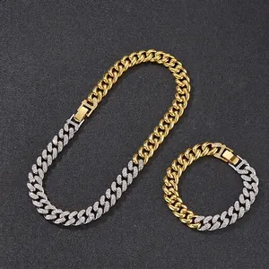 Hip hop stijl 13mm goud en zilver tweekleurige cubaanse schakelketting en armband set