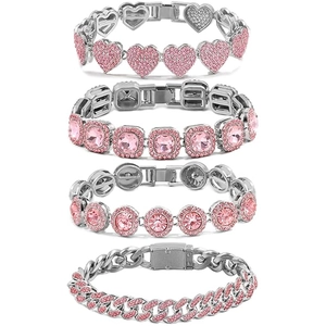 Hiphop silver plated Cuban link bracelet set with pink cubic zirconia heart and square stones