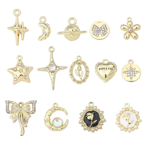 14PCS light gold alloy charms set featuring stars, hearts and moon for DIY jewelry making