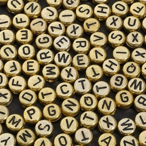 Flat round gold acrylic letter beads with black A-Z alphabet for DIY jewelry making