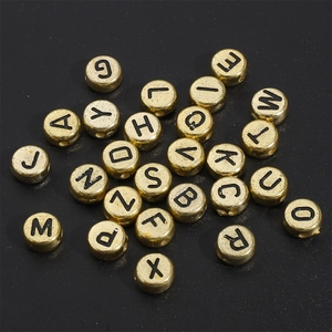 Golden acrylic 4x7mm round alphabet beads with black letters for DIY jewelry making
