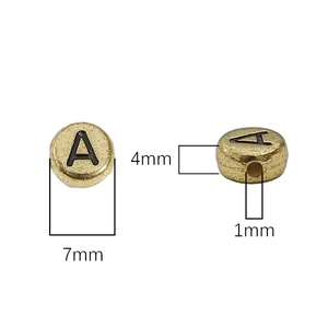Golden acrylic 7mm letter A beads for DIY jewelry with black uppercase engraving