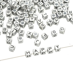 Detailed macro view of 6mm antique silver square letter beads spelling out HAPPY word