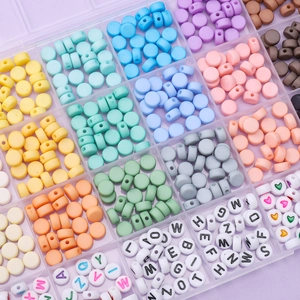 Flat round macaron beads and letter beads set in 24-compartment storage box for DIY