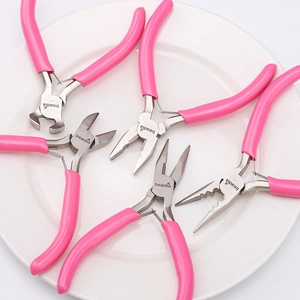 Detailed set of 5 pink jewelry pliers for DIY crafting including needle nose and side cutters