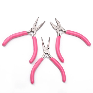 Pink three-piece jewelry pliers set including round, long, and side cutting pliers