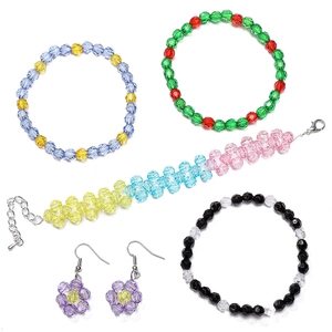 DIY acrylic faceted bead jewelry set including colorful handmade bracelets and floral earrings