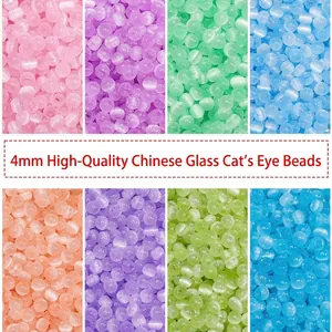 Colorful 4mm glass cat eye beads set for DIY jewelry making in eight vibrant glossy colors