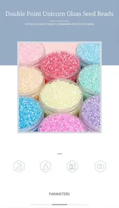 Close-up of matte pastel glass beads in various candy colors inside clear glass jars