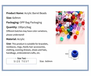 Detailed view of 6x9mm acrylic barrel beads in a colorful 100-piece pack for DIY crafts