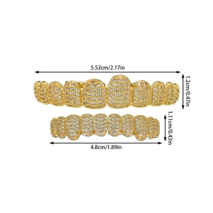 Detailed dimension chart showing 5.52cm top and 4.8cm bottom iced out hip hop grillz set