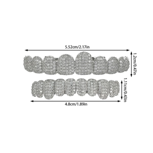 Detailed size chart for silver hip hop grillz set with micro-paved white zircons