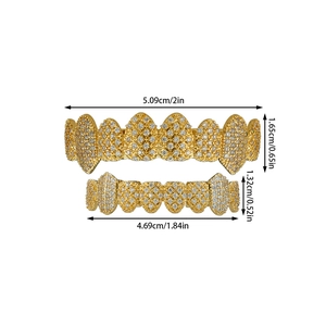 Detailed view of hip hop gold grillz with full zircon inlay and specific size dimensions