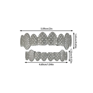 Detailed view of silver-tone hip hop grillz set with clear cubic zirconia stones