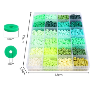 Macro detail of 6mm flat clay heishi beads set with 24-grid storage box and dimensions