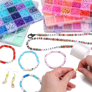 Macro detail of 24-color 6mm polymer clay beads and alphabet charms for DIY jewelry making