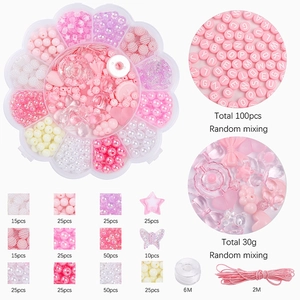 DIY pink bead jewelry set with flower storage box, alphabet beads and elastic strings