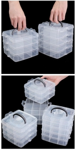Detail der mehrstöckigen transparenten Aufbewahrungsbox mit grauem Griff und Trennfächern