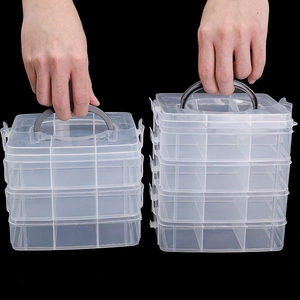 Tragbare mehrlagige transparente Kunststoffbox mit Fächern und grauem Tragegriff