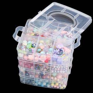 Multi-tier clear plastic storage box for jewelry and beads with grey top handle