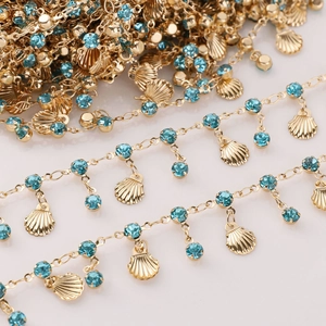Exotic Ocean Style Pure Copper Shell Chain With Lake Blue Rhinestones Decorative DIY Jewelry Making Findings Accessories Bulk Chain