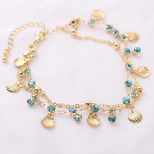 Exotic gold double-layer copper chain anklet with shells and blue crystal charms