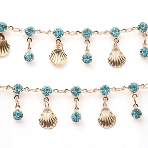Exotic copper shell chain with blue rhinestones and gold fringe for DIY jewelry making