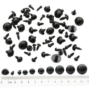 Assorted sizes of black acrylic screw safety eyes for DIY dolls and crafts with scale