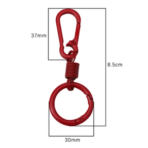 Bright red alloy keychain with spring carabiner hook and O-ring, 8.5cm total length