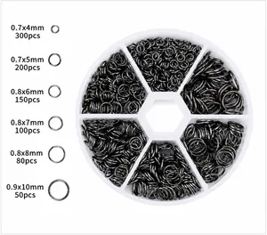 Detailed size chart for 4-10mm gun black open jump rings set in 6-grid organizer box
